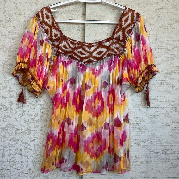 VTG ICE Sheer Silk Boho Festival Top Fairycore Retro 60s Sz XL Crochet Colorful - Picture 1 of 15